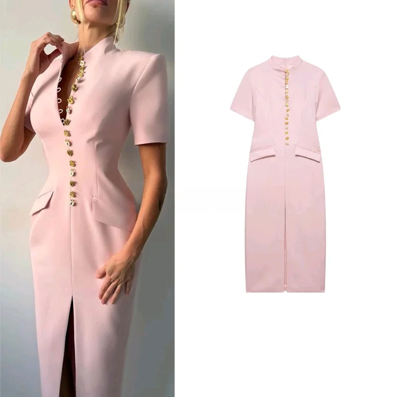 

Summer New Women's Long Dress Ins Style Metal Zipper Short Sleeve Stand Collar Split Straight Cut Polyester Fiber Slim Fit