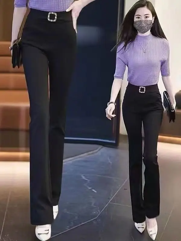 High Waist Flared Pants Women's Loose Fit Suit Trousers Black Straight Leg Elastic Waist Casual Autumn Fashion plus Size