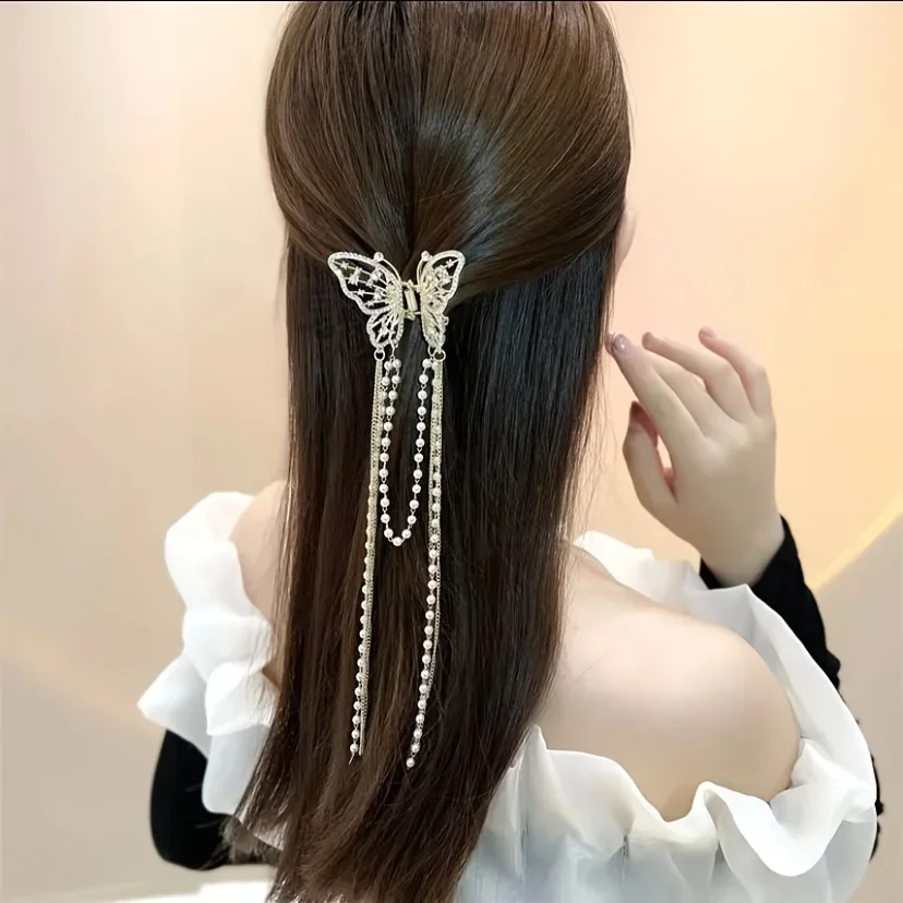 1 Pcs Full Diamond Hollow Butterfly Tassel Hair Accessories, Pearl Bead Chain Back Of The Head Grab Clip, Zinc Alloy Shark Clip