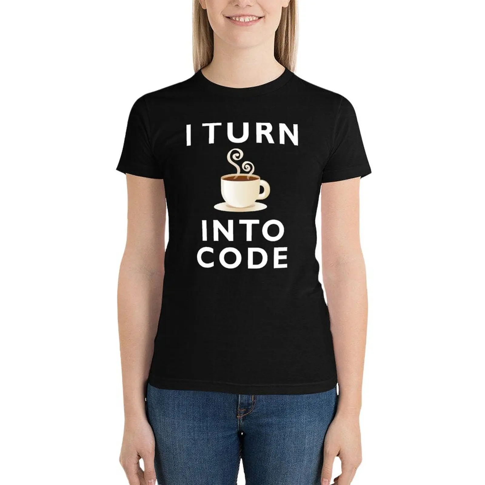 

I Turn Coffee Into Code Programmer Hacker T-Shirt Blouse vintage clothes oversized workout shirts for Women