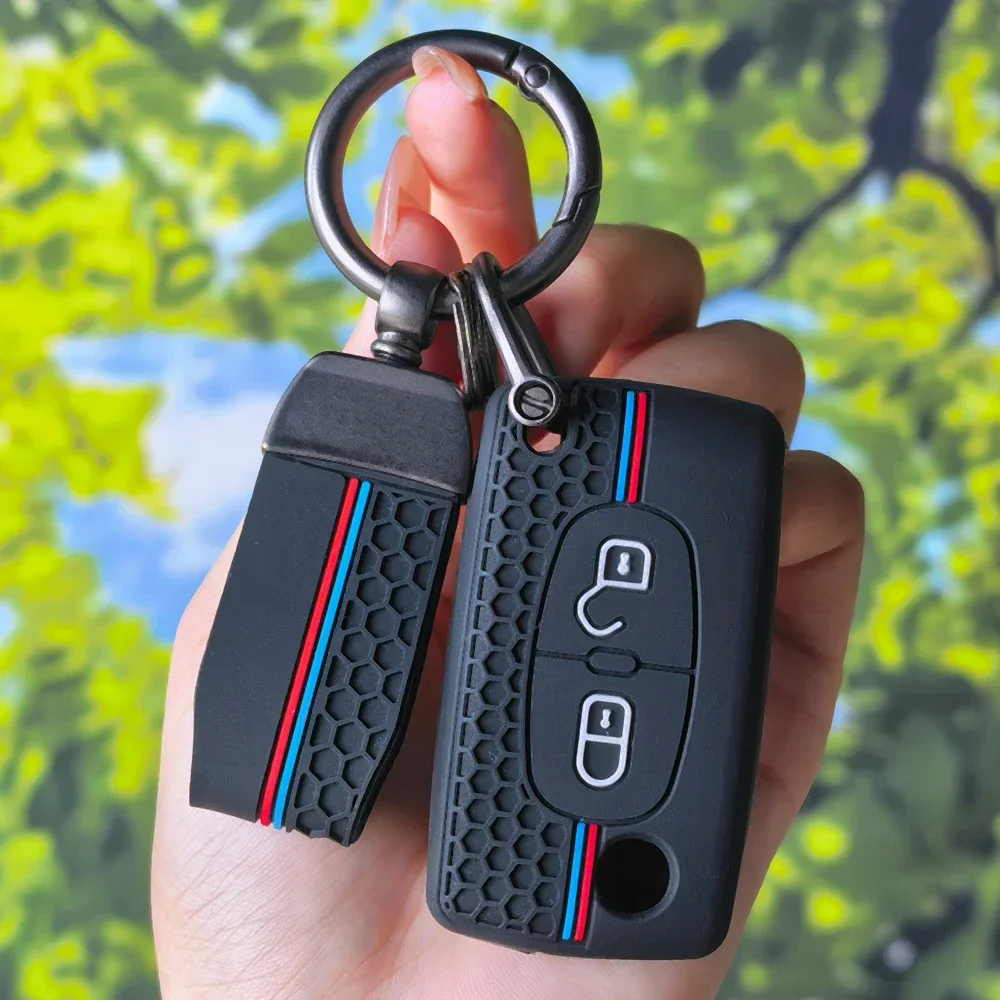 Tri-stripe Honeycomb Key Case with keychain For Citroen C2 C3 C4 C5 C6 Xsara Berlingo Peugeot 207 307 308 407 607 807
