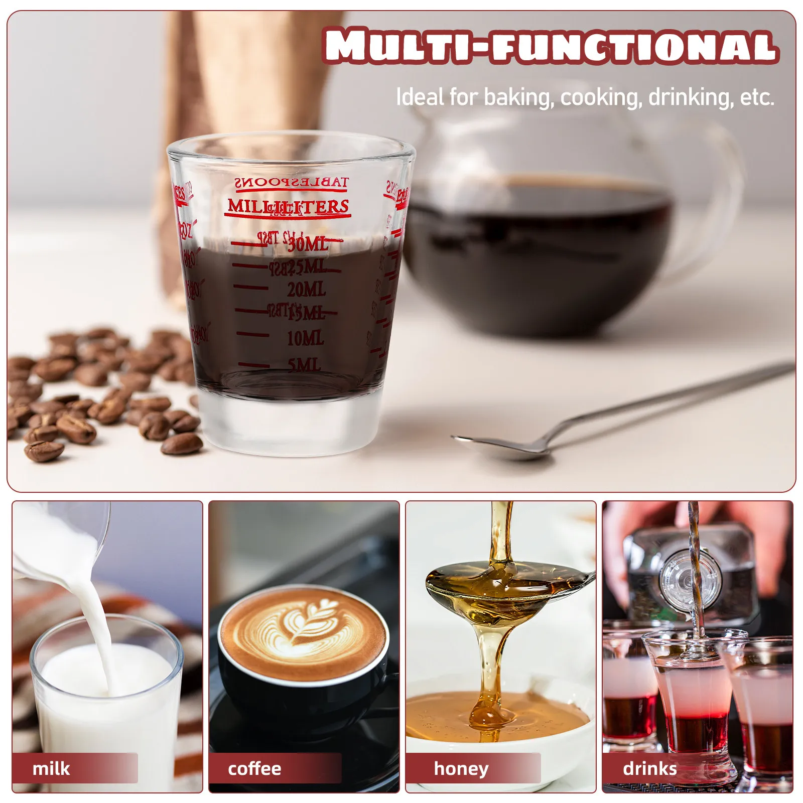 8Pcs Household Measuring Cup Glass Graduated Cup with Precise Dual Scale Clear Markings Thick Base for Baking Espresso Cooking