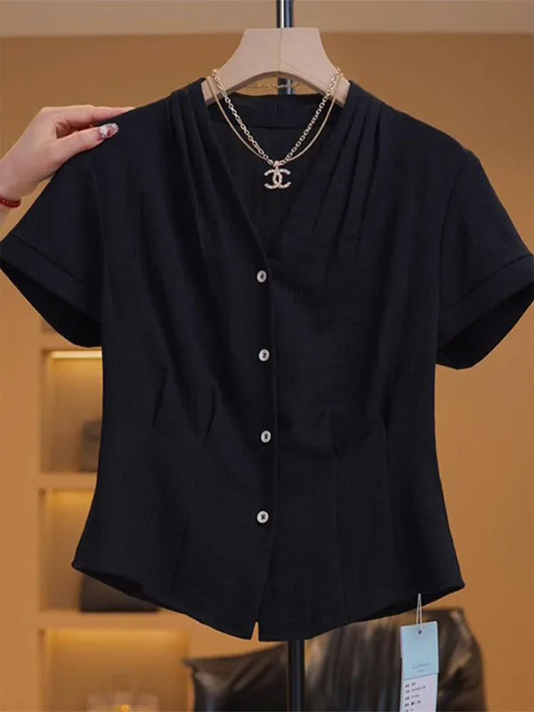 

White V-Ne ort Sve irt Women Summer plus Size Casual Slimming Waist High-End Feeling Top Comfortable Breathable