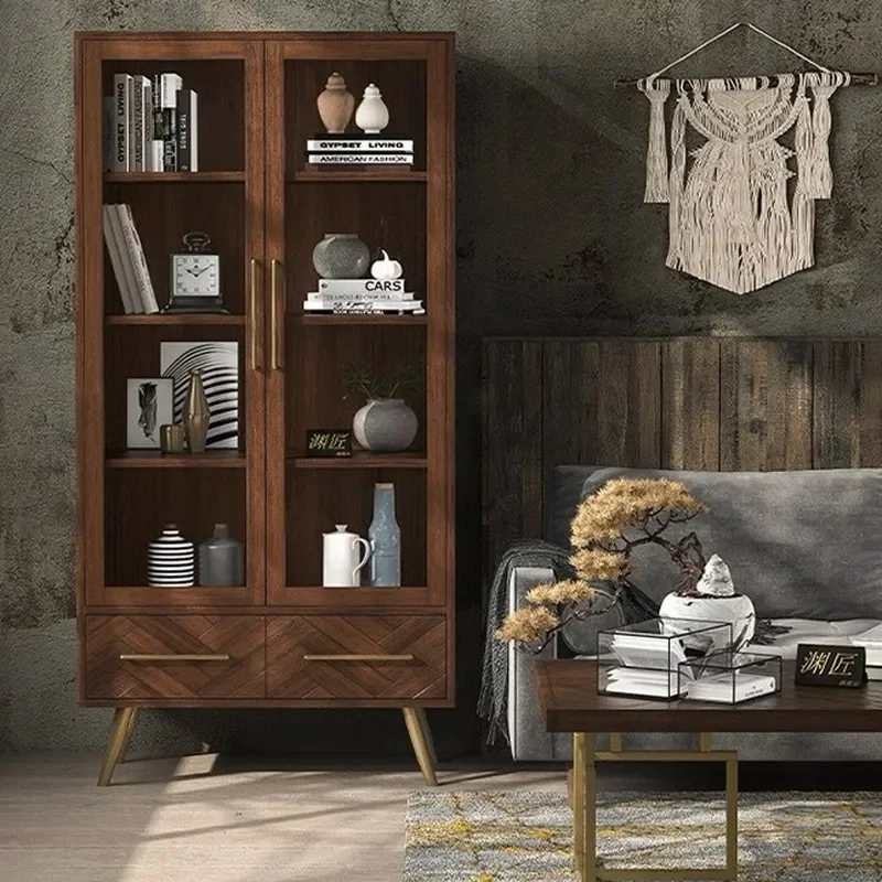 Nordic Simple Solid Wood Bookcase with Door Floor Standing Bookshelf Storage Display Cabinet for Home Student Bedroom Study