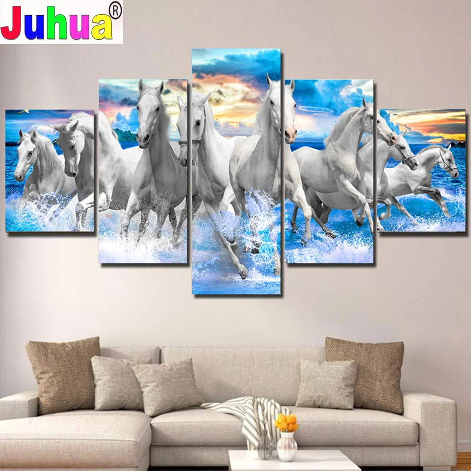 5d Diy diamond embroidery 5 Panels Sea Run Horses Blue Sky diamond painting full square round drill mosaic art Animals pattern