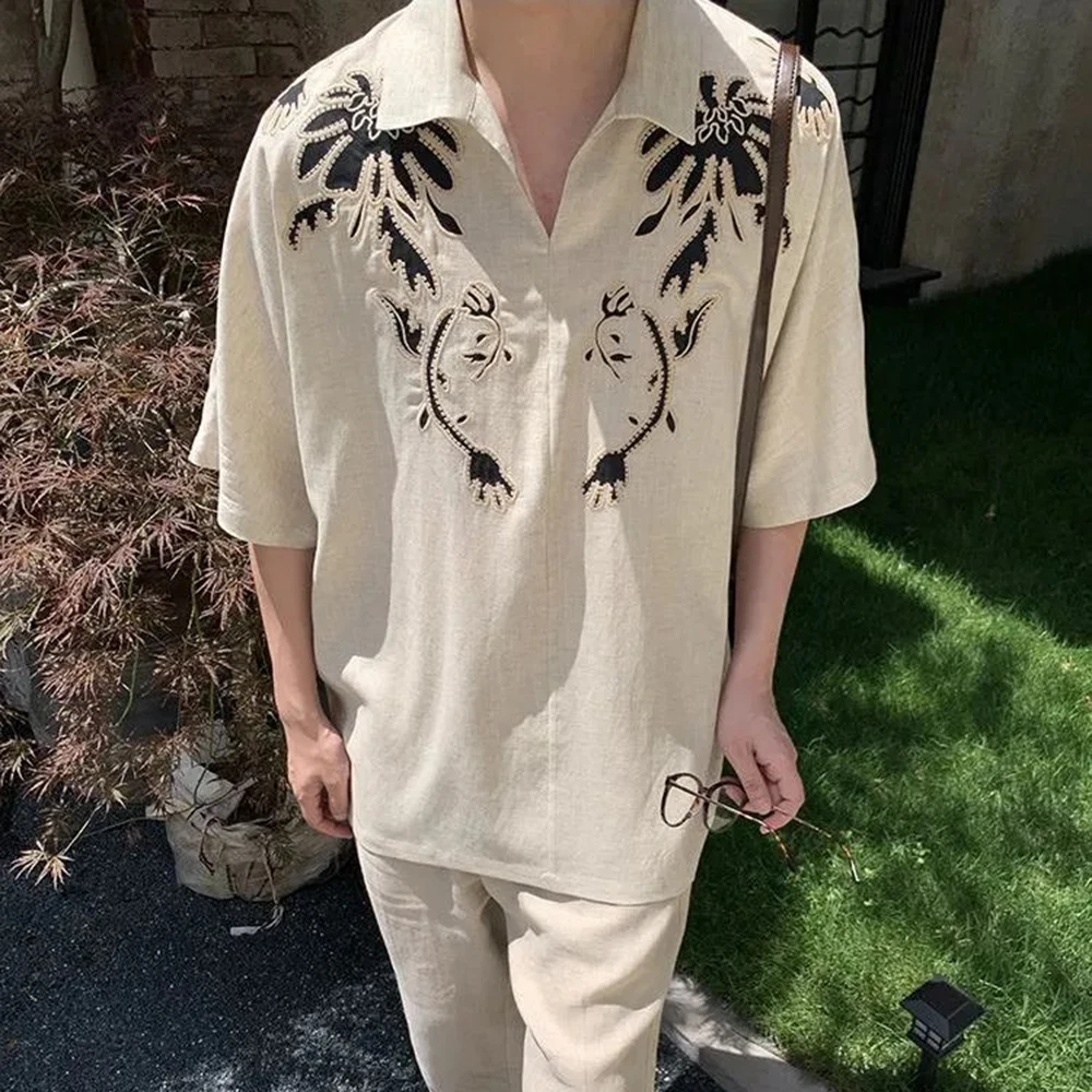 

Новая летняя мужская рубашка с короткими рукавами и вышивкой в американском стиле ретро, модные тенденции для отдыха, свободные дышащие нишевые мужские топы для отпуска