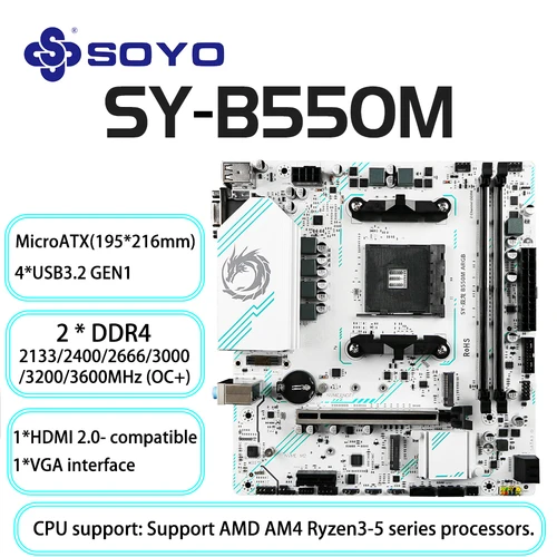 Imagen 2 del producto SOYO-placa base AMD B550M para juegos, USB 3,1, M.2, Nvme, Sata3, DDR4, doble canal, compatible con RYZEN R3, R5, R7, 3000, 4000, 5000, CPU, enchufe AM4