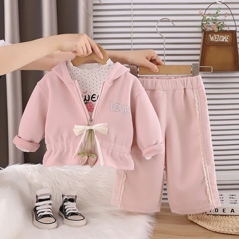 Girls Fall Set 2026 New Spring Autumn Clothes Infant Kids Trendy Hooded Long Sleeve Nice Three Piece Set