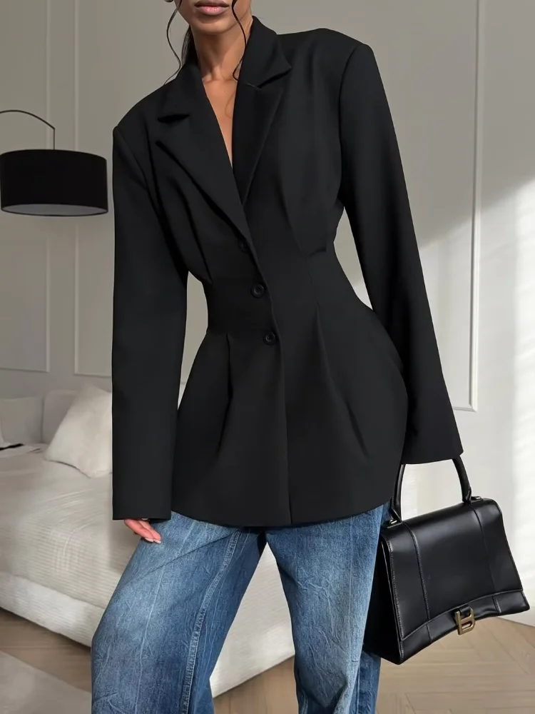 

Women's Black Waist Cinching Blazer Coat Long Sleeve Lapel V-neck Single Breasted Pleated Coats 2026 Lady Spring Autumn Outwear
