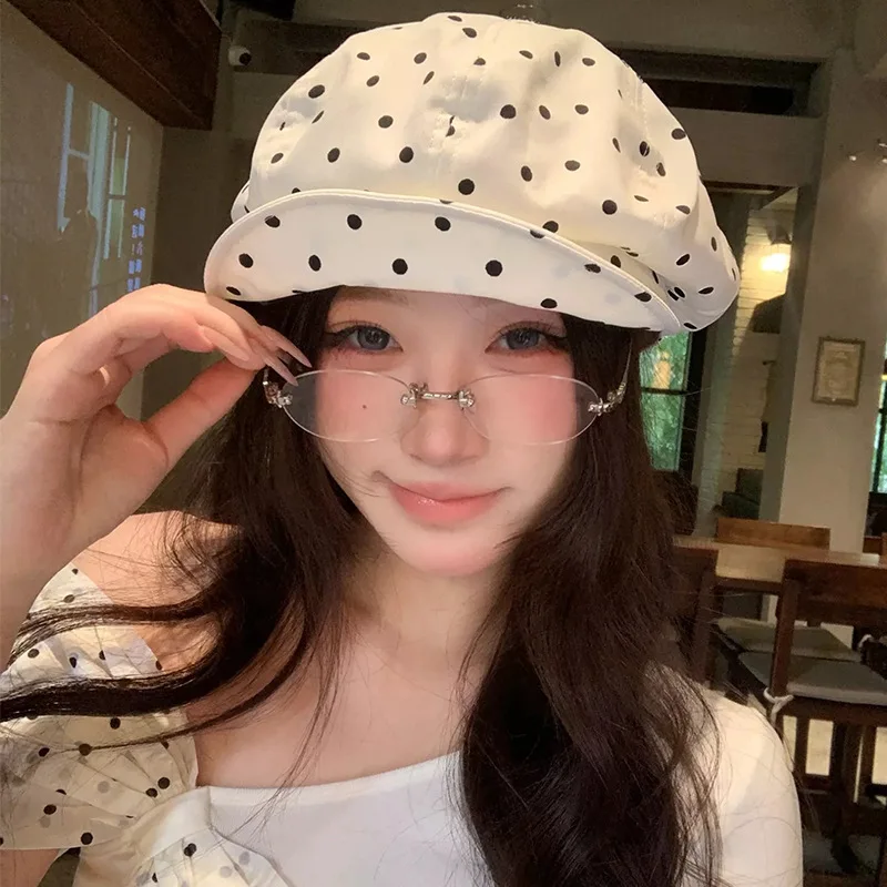 

Korean Polka Dot Jacquard Large Version Flipped Brim Newsboy Caps Spring and Summer Versatile Octagonal Painter Hat for Women's
