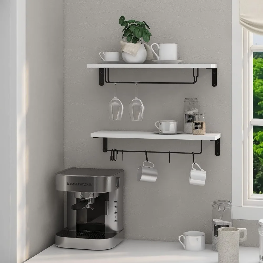 20-Inch Floating Shelf with Hooks, Set of 2 for Mugs and Glasses, Wall-Mounted Storage