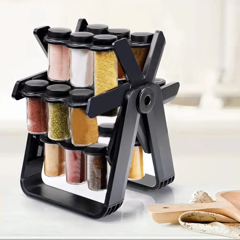 Black Ferris Wheel Spice Rack with 18 Glass Spice Jars