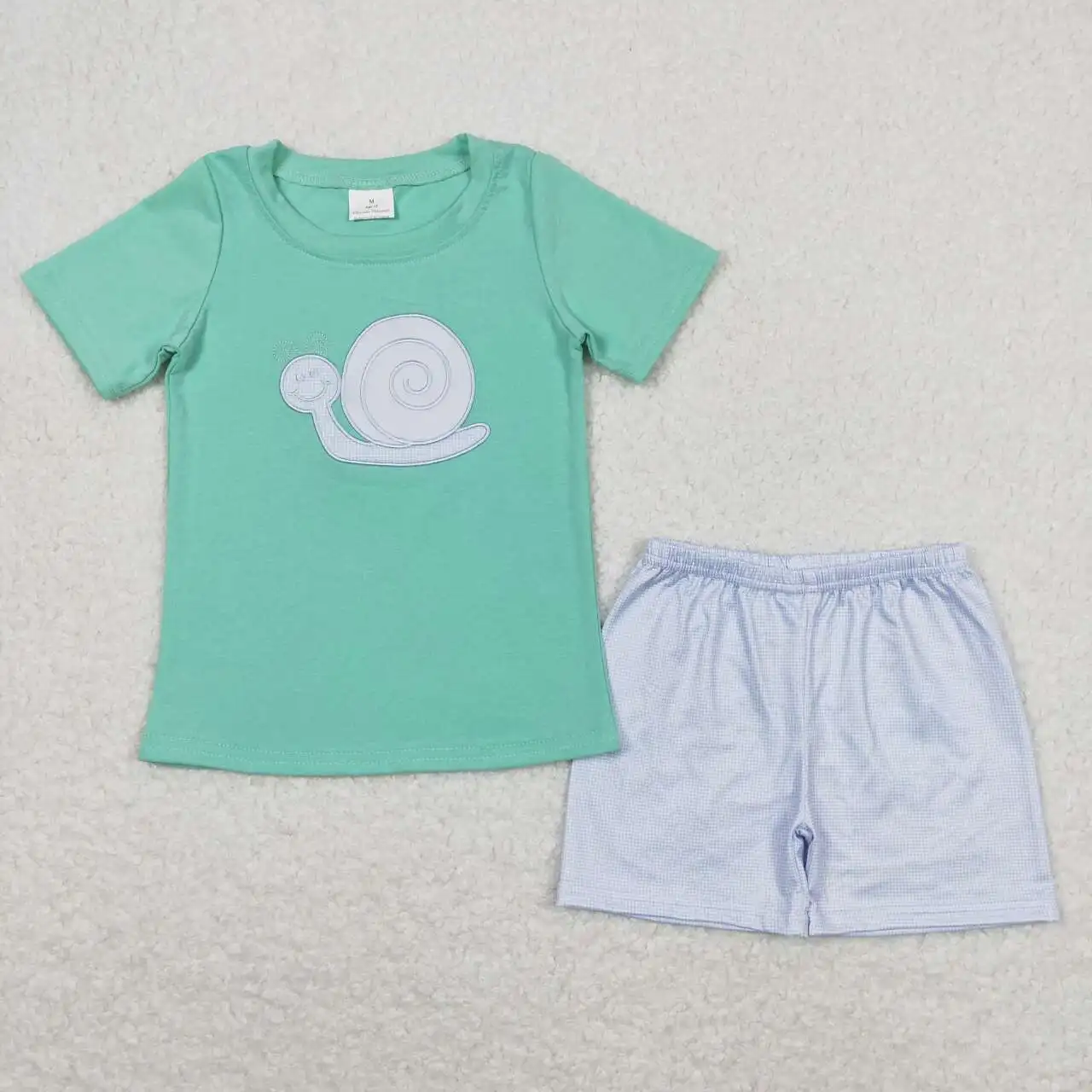 wholesale hot sale western boutique clothing for baby boys clothes Embroidered snail teal short-sleeved plaid shorts suit