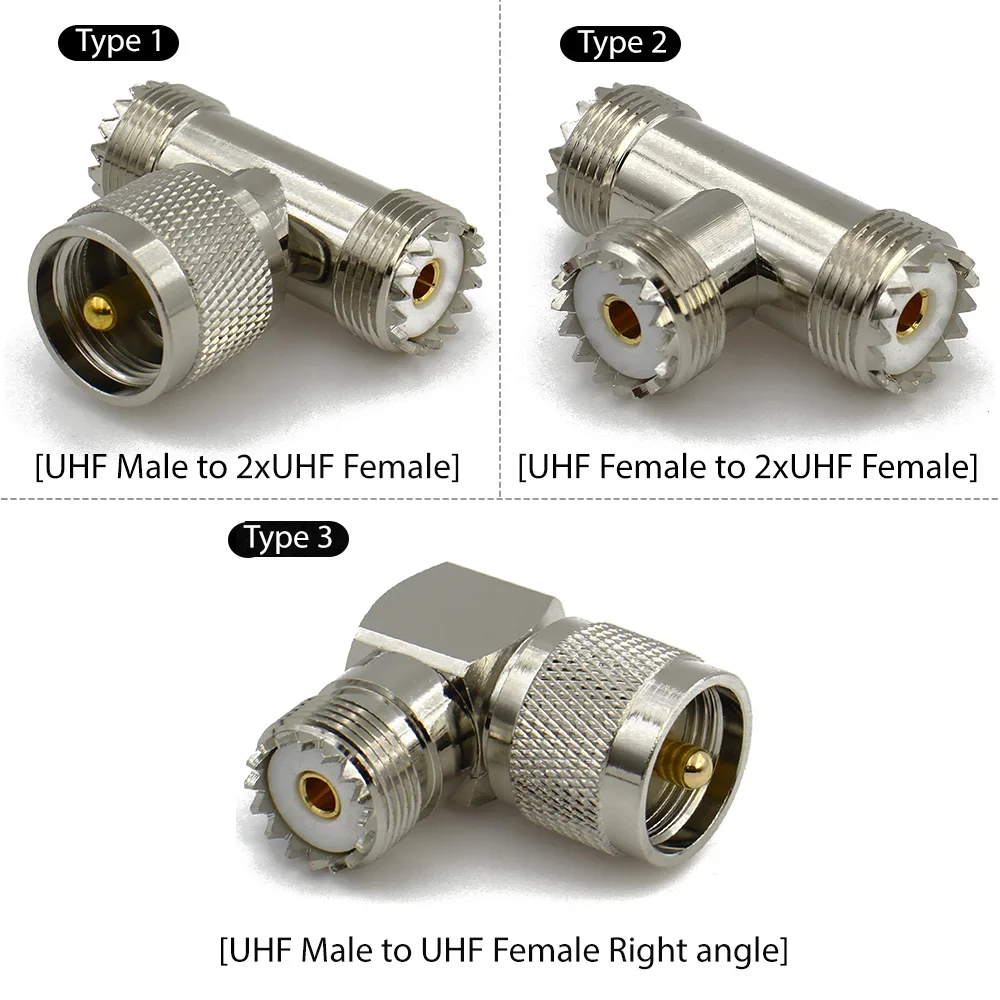 UHF male to Dual 2x UHF Female Right Angle RF Coaxial Adapter PL259 SO239 Plug Jack 3 Way T Connector for FPV Antenna WiFi Radio view 2