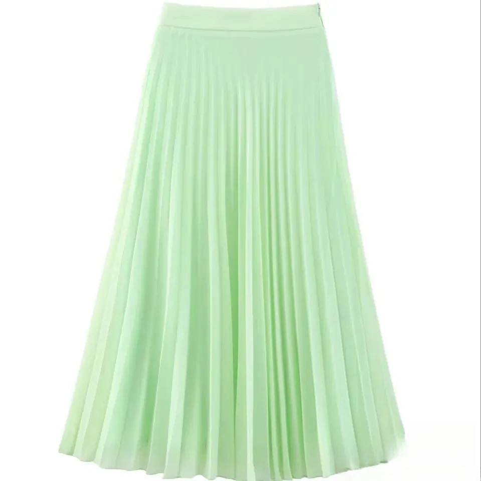

KONDALA-Women Fall Elegant Mint Green Pleated Skirt Thin Midi Dress 2025 New Summer Fall Fashion High Street Casual Sweet Skirts