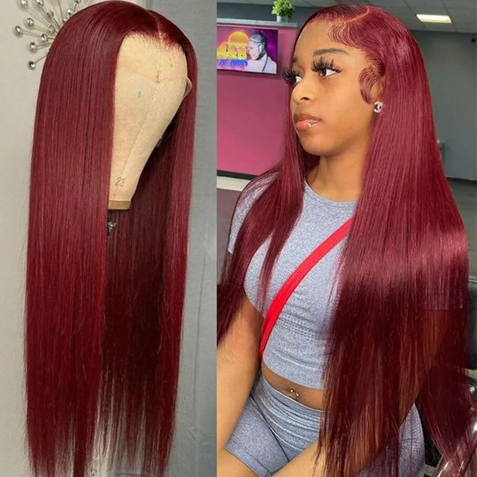 99j Red Colored Lace Front Human Hair Wigs 13x4 Burgundy HD Transparent Pre Plucked Lace Frontal Human Hair Wigs 180% Density