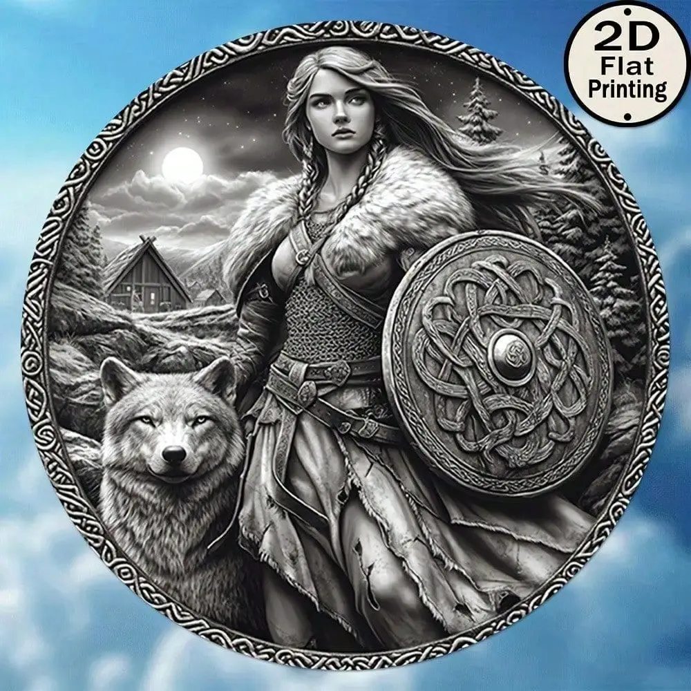 Vintage Norse Aluminum Wall Art 8 Inch Waterproof Viking Wolf Shield Metal Sign For Home Bar Man Cave Decor