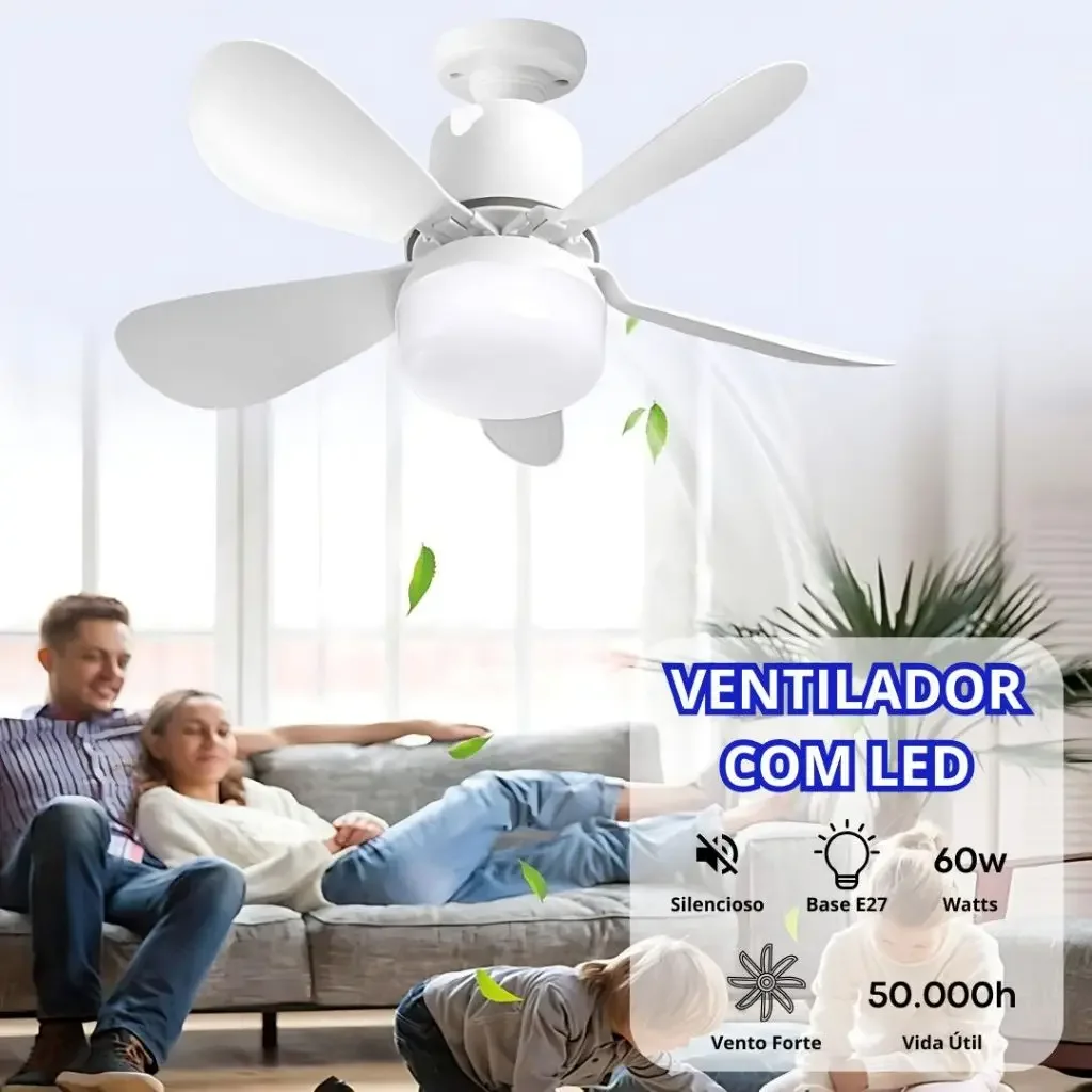 Ventilador de Teto E27 60w Luz Led 3 Tipos de Luz C/ Controle Remoto Ventilador Com 5 Hélices Bivolt