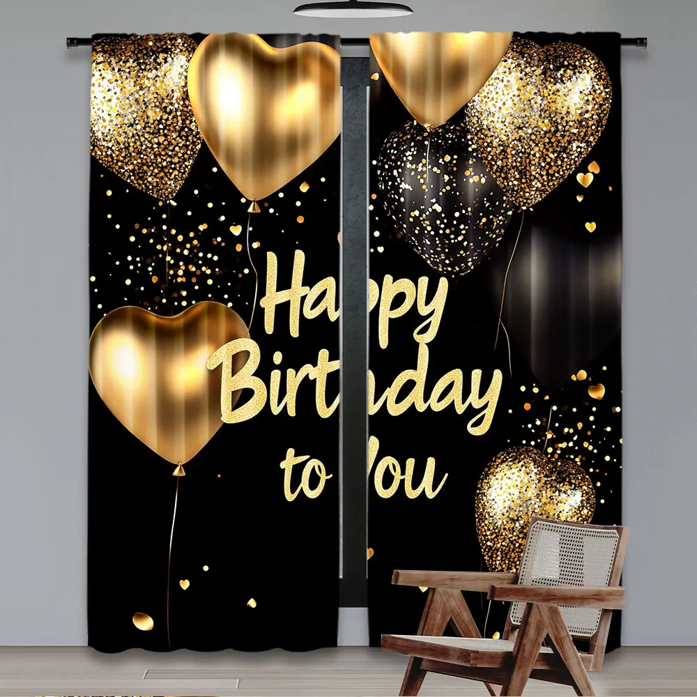 2Pcs Happy Birthday Curtain Feet Black Gold Polka Dots Heart Party Suitable For Living Room Bedroom And Many Other Occasions