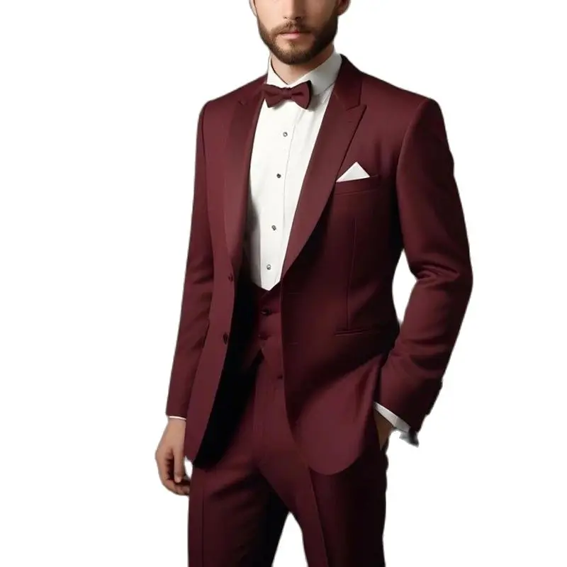 Luxury Red Men Suits Peak Lapel Single Breasted Regular Length Slim Fit 3 Piece Jakcet Pants Vest Male Clothing Blazer Terno