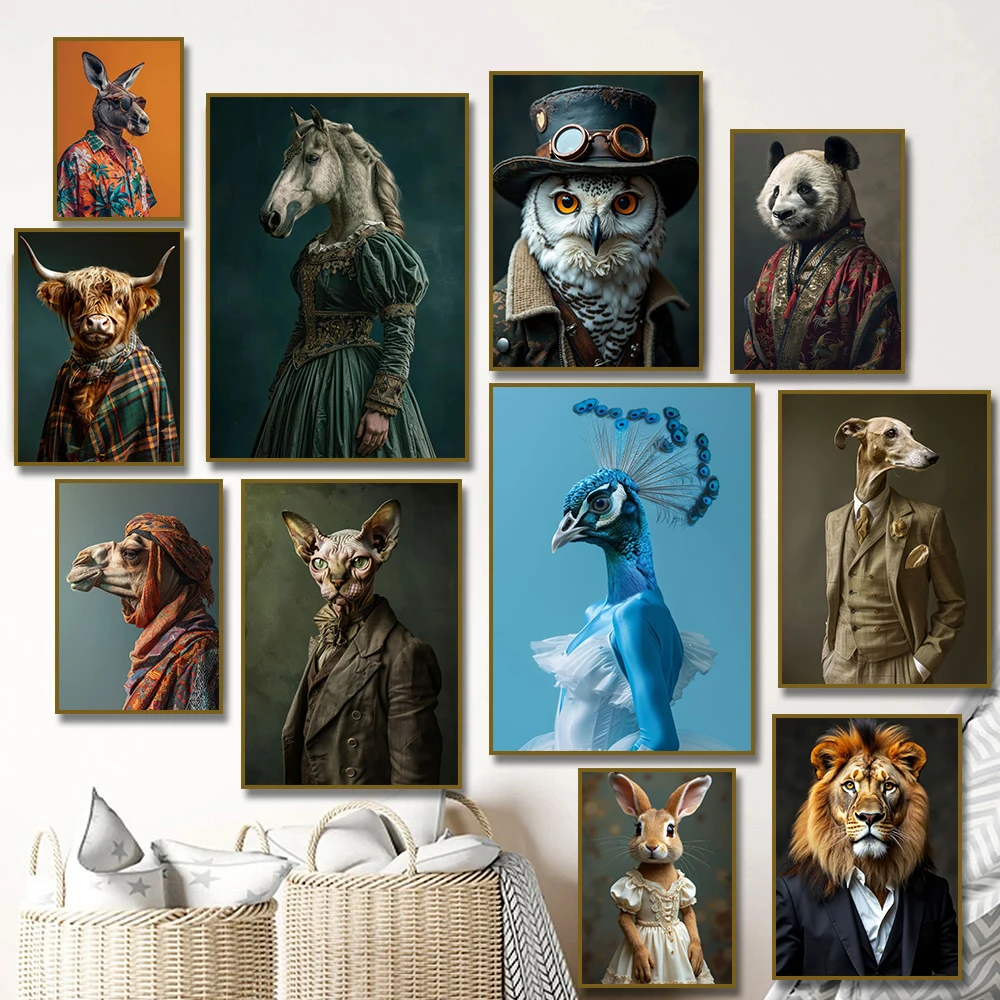 (No frame)Cute Animals Wearing Suits Posters Owl Cow Rabbit Lion Tiger Bull Panda  Canvas Painting Prints HD Pictures Wall Ar