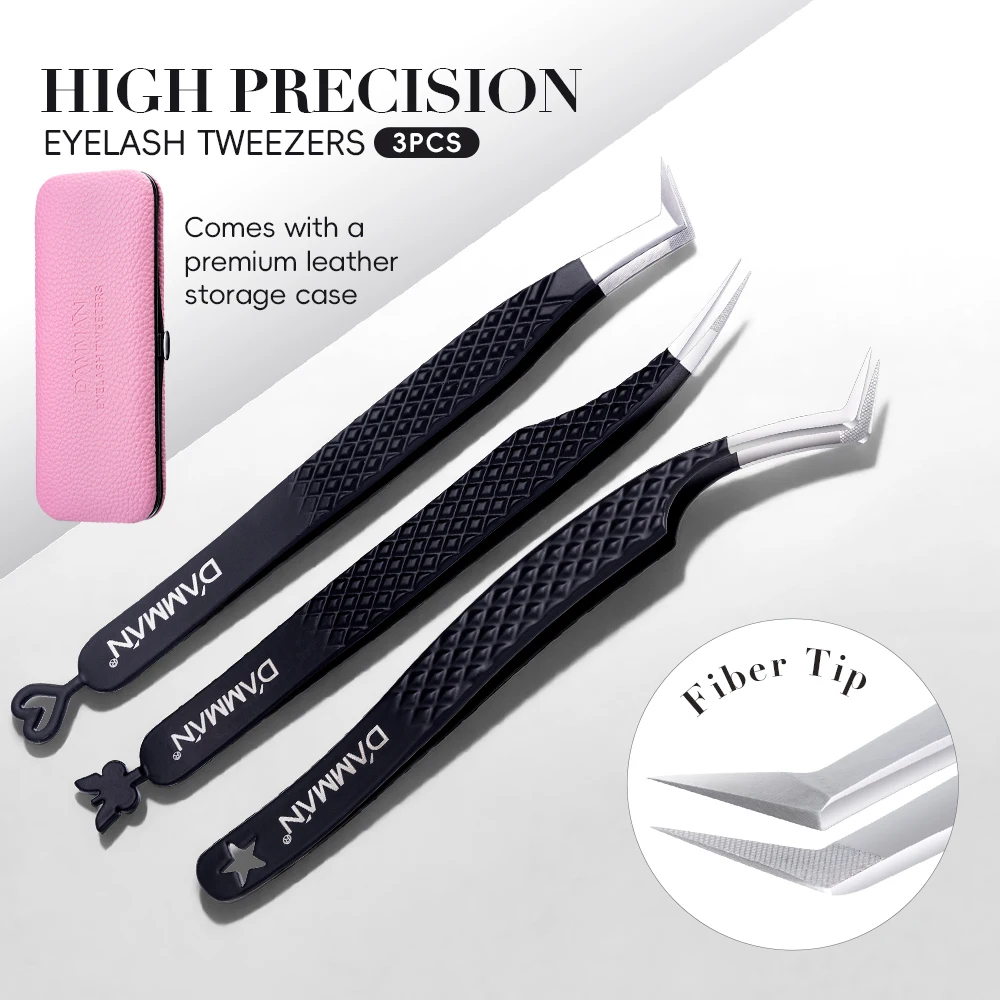 DAMMAN 3PCS Lash Tweezers Set Fiber Tip Tweezers for Eyelash Extension High Precision Eyelash Tweezers with Leather Case