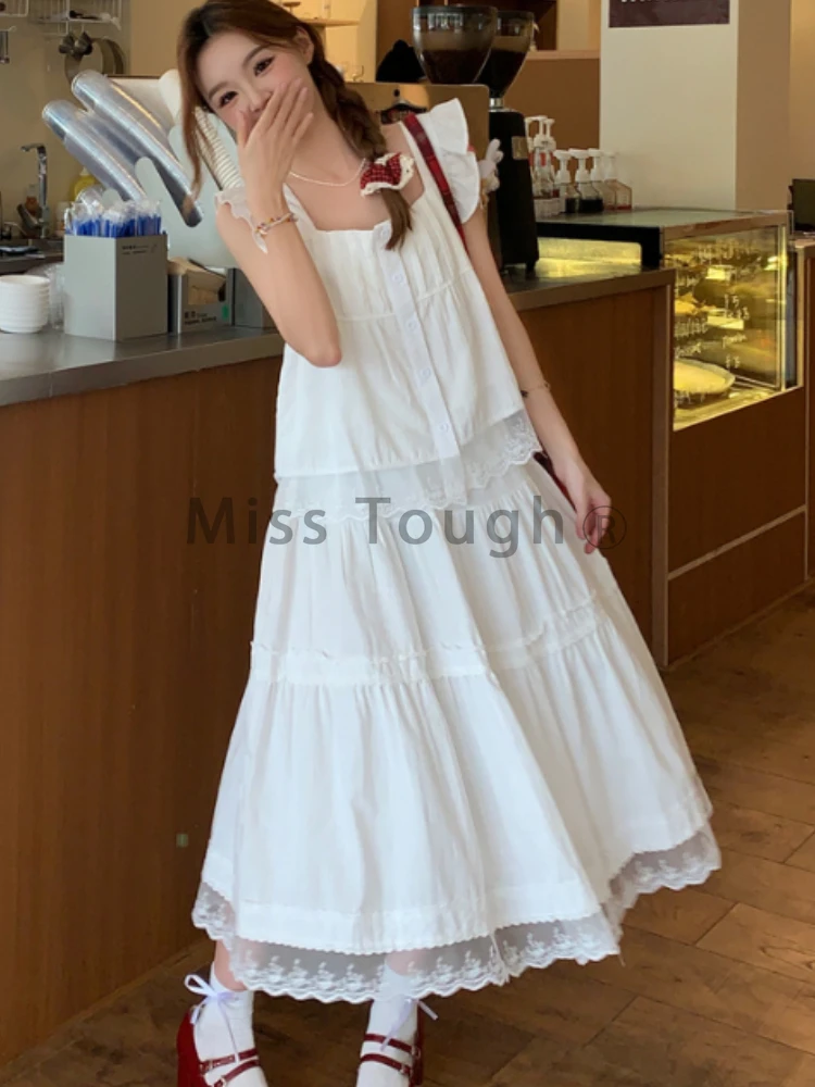 Summer Sweet Loose Lace Sling 2 Piece Set Women Elegant Natural Sleeveless Solid Dress Female Design High Waist A Line Dresses