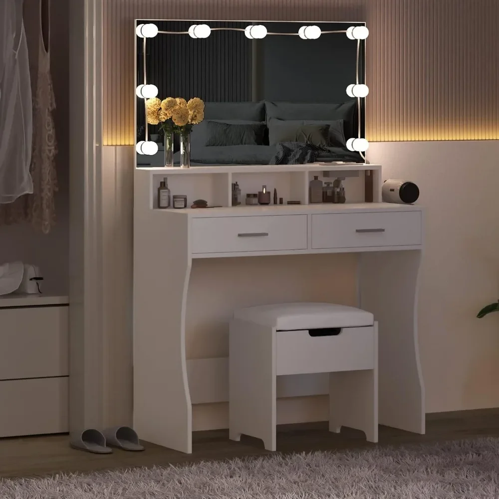 Makeup and Dressing Table with Illuminated Mirror and Power Socket, White with 3 Lighting Colors, Adjustable Brightness