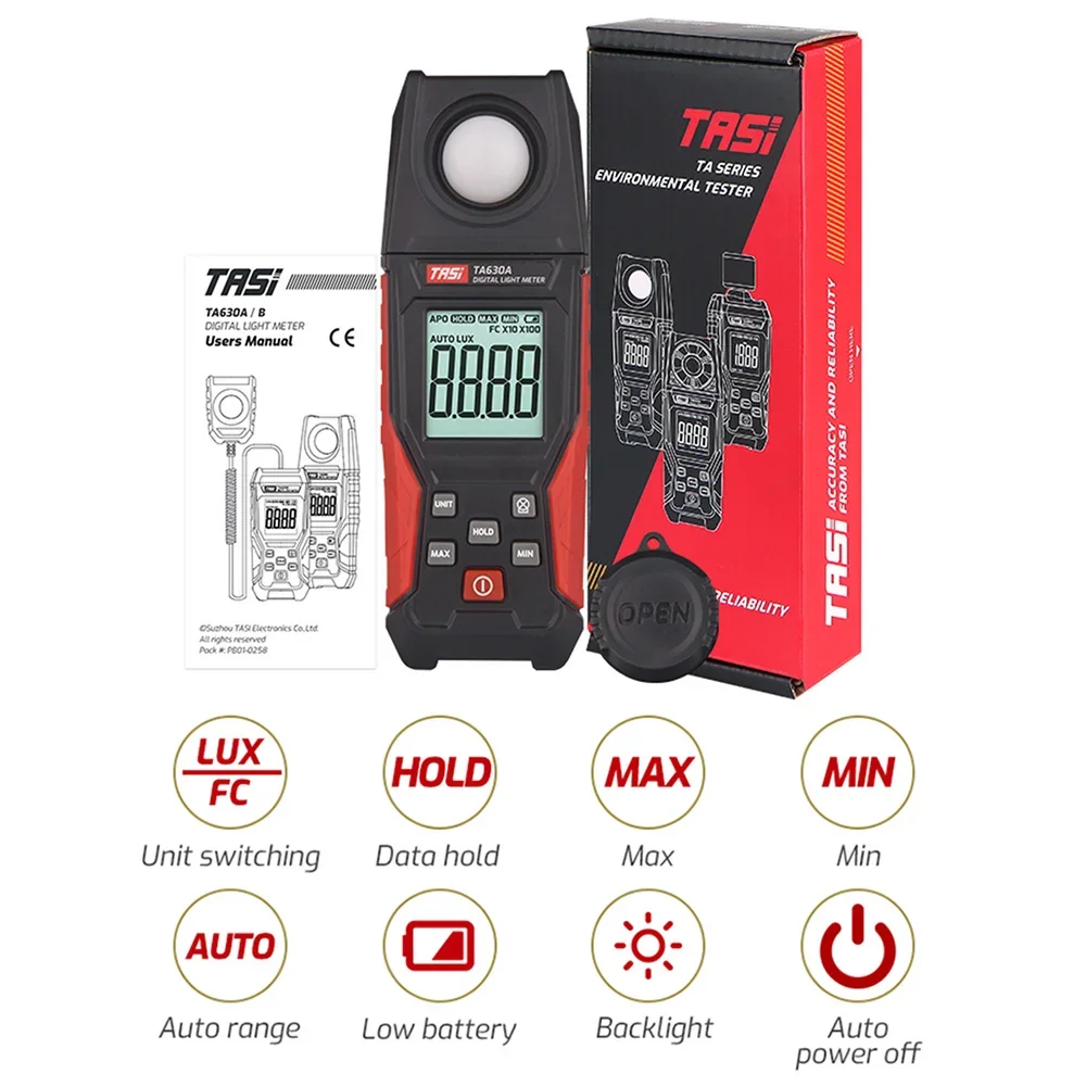 TA630A TA630B Digital Light Meter Illuminance Lux Meter Backlight LCD Display 0.1~200000LUX/0.01~20000FC Light Sensor Tester