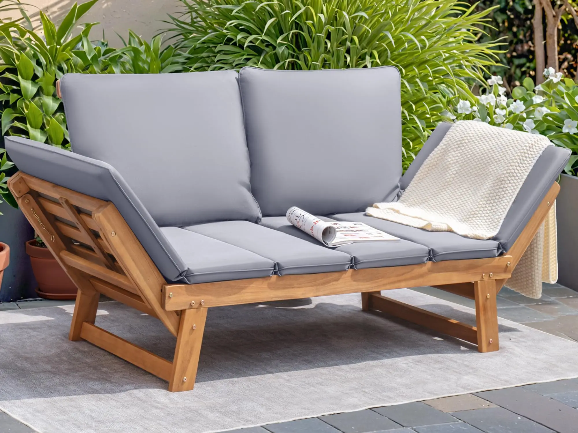 Outdoor Couch Acacia Wood Outdoor Sofa Balcony Furniture (Grey)