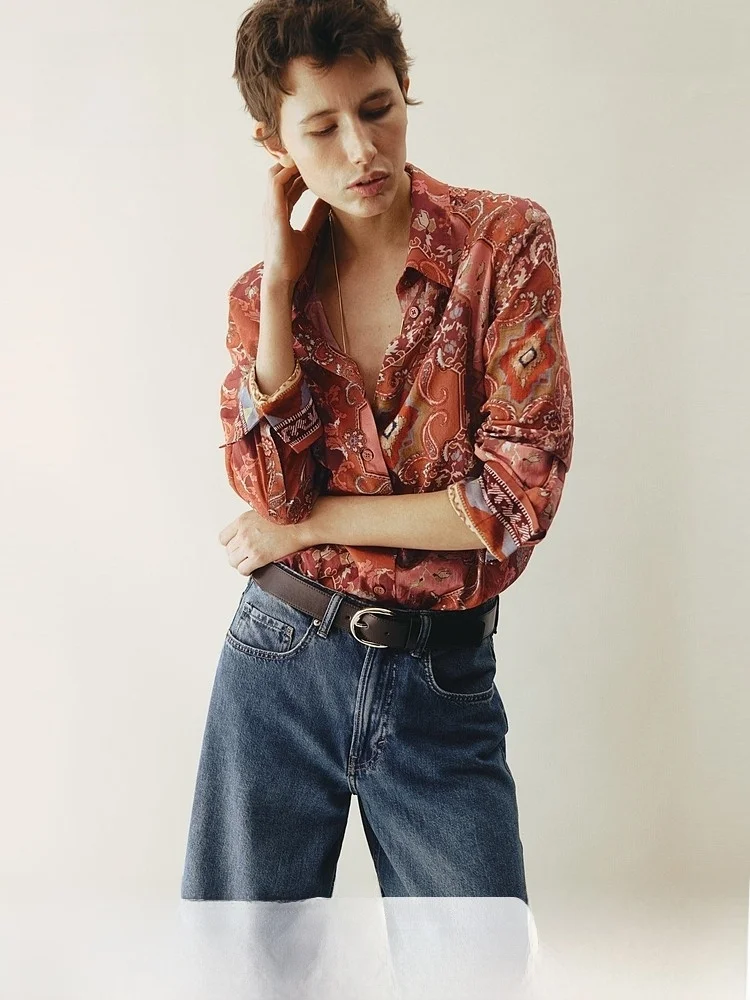 

Spring New Women's Cotton Printed irt Casual Fit Long Sve Button up H&M 322457 Comfortable Breathable Ladies' Blouse