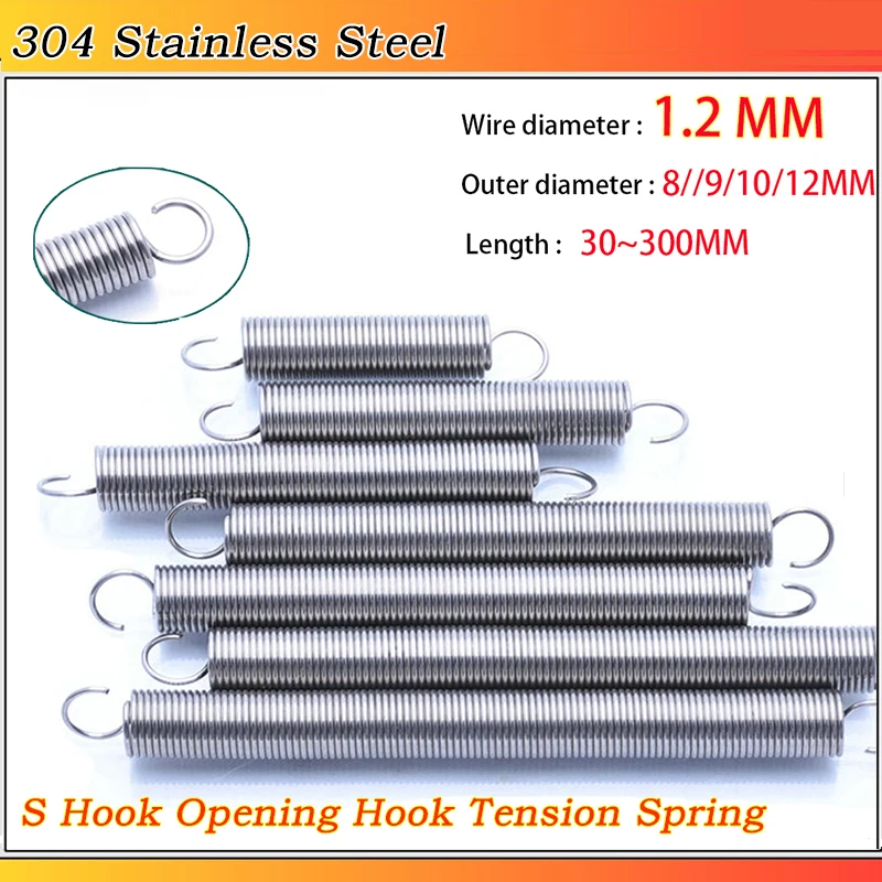 

304 Stainless Steel S-shaped Open Hook Tension Spring Pullback Extension Expansion Spring Wire Dia 1.2MM OD 8~12MM L: 30~300MM