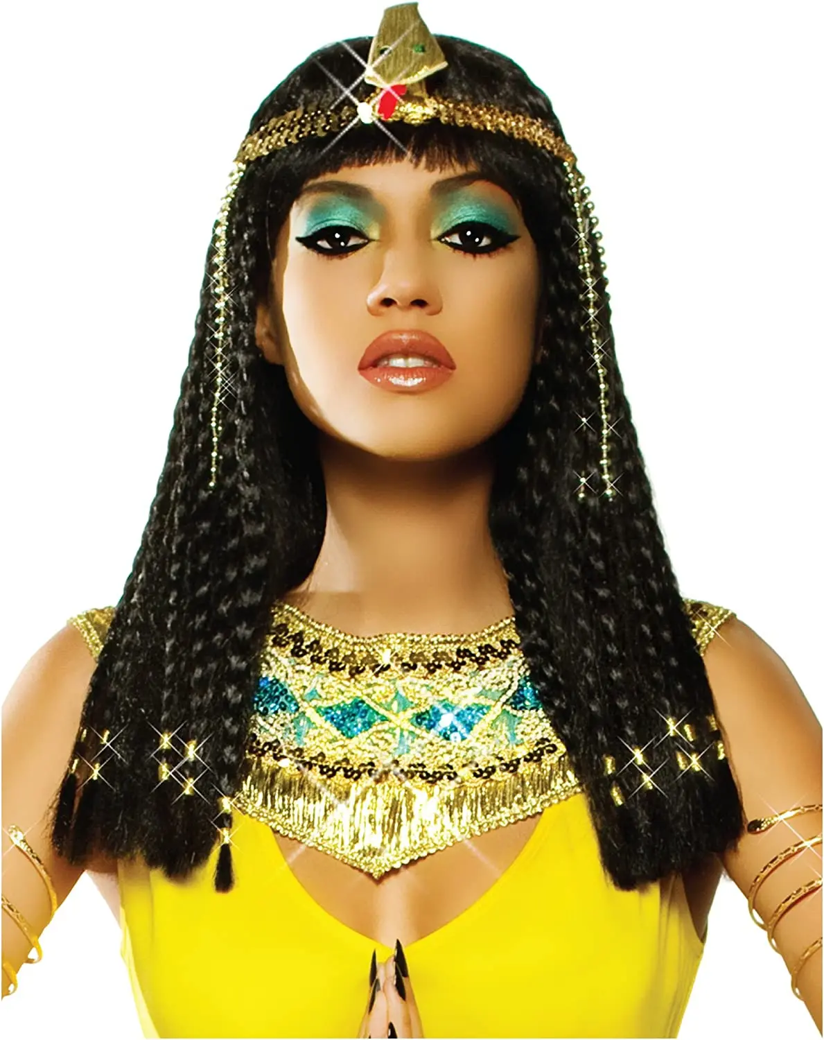 Cleopatra peruka kobieta egipt królowa czarne włosy złote koraliki Cleopatra Accessorie Headpie taniec impreza z okazji Halloween do odgrywania ról Cosplay peruki