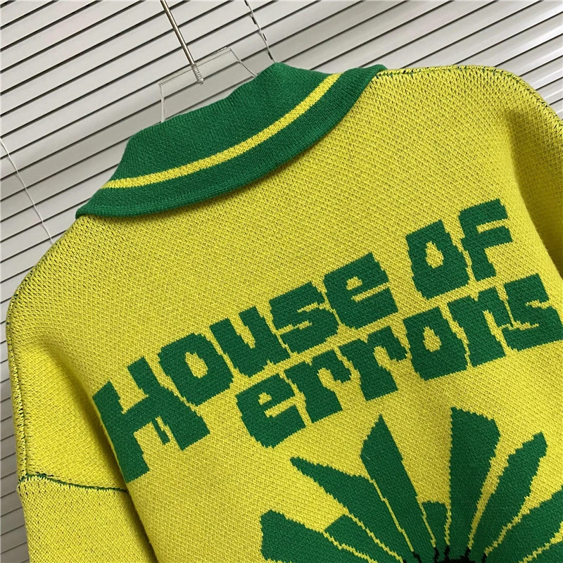 House of Errors Sweater Knitted T-shirt Lapel Short Sleeve Yellow Green Color Letter Pattern Jacquard Logo Tops Men Women - view 5