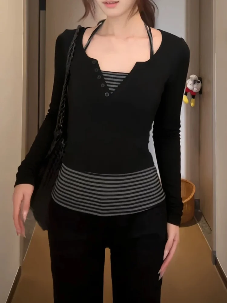 Y2K Fake Two Piece T-Shirt for Women Long Sleeve Top Fashion Patchwork Aesthetic Female Autumn Winter Basic tShirt Slim Clothing