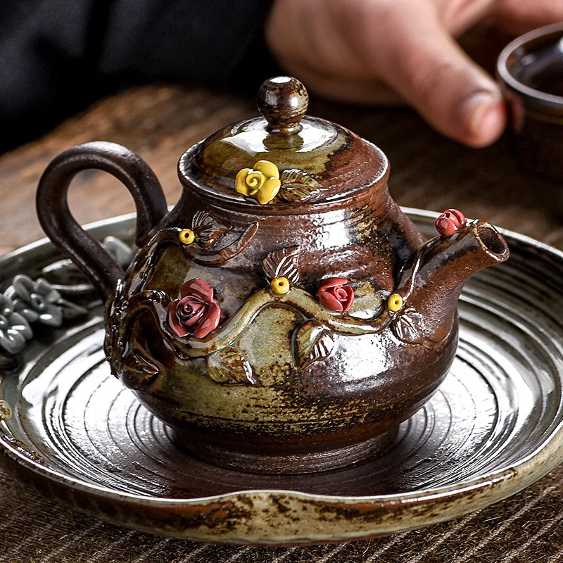 Japanese Retro Handmade Flower-picking Teapot Retro Kiln-changing Teapot Creative Kiln-changing Ceramic Kung Fu Tea Kettle