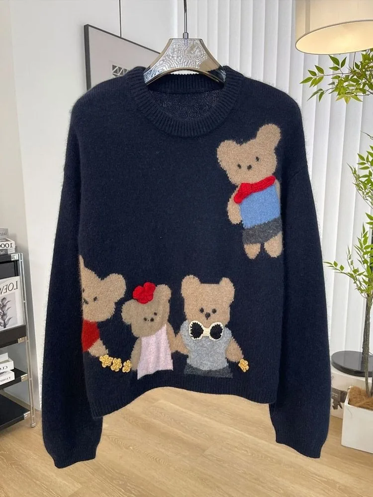 Colors Cute Bear Y2K Cartoon Jacquard Sweater Harajuku Teens Fairy Tale Kawaii Knitwaer Jumper Tops Winter Autumn Gray Clothes