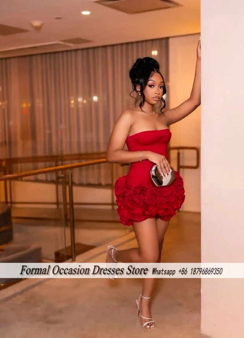 

Red Tiered Ruffles Mini Prom Dresses With Halter Flower Decoration Nigerian Strapless Homecoming Dress Customized Birthday Gowns