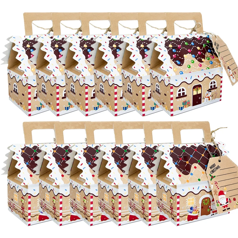6/12 Stück Weihnachten Lebkuchen Hausform Geschenkboxen Schneemann Süßigkeiten Snack Kekse Papierbox 2025, Weihnachtsfeier Dekoration Lieferungen