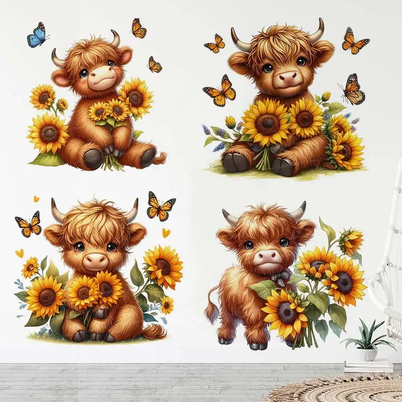 Highland Cow with Sunflowers Wall Sticker Bathroom Toilet Decor Living Room Cabinet Refrigerator Home Decoration Decals S407