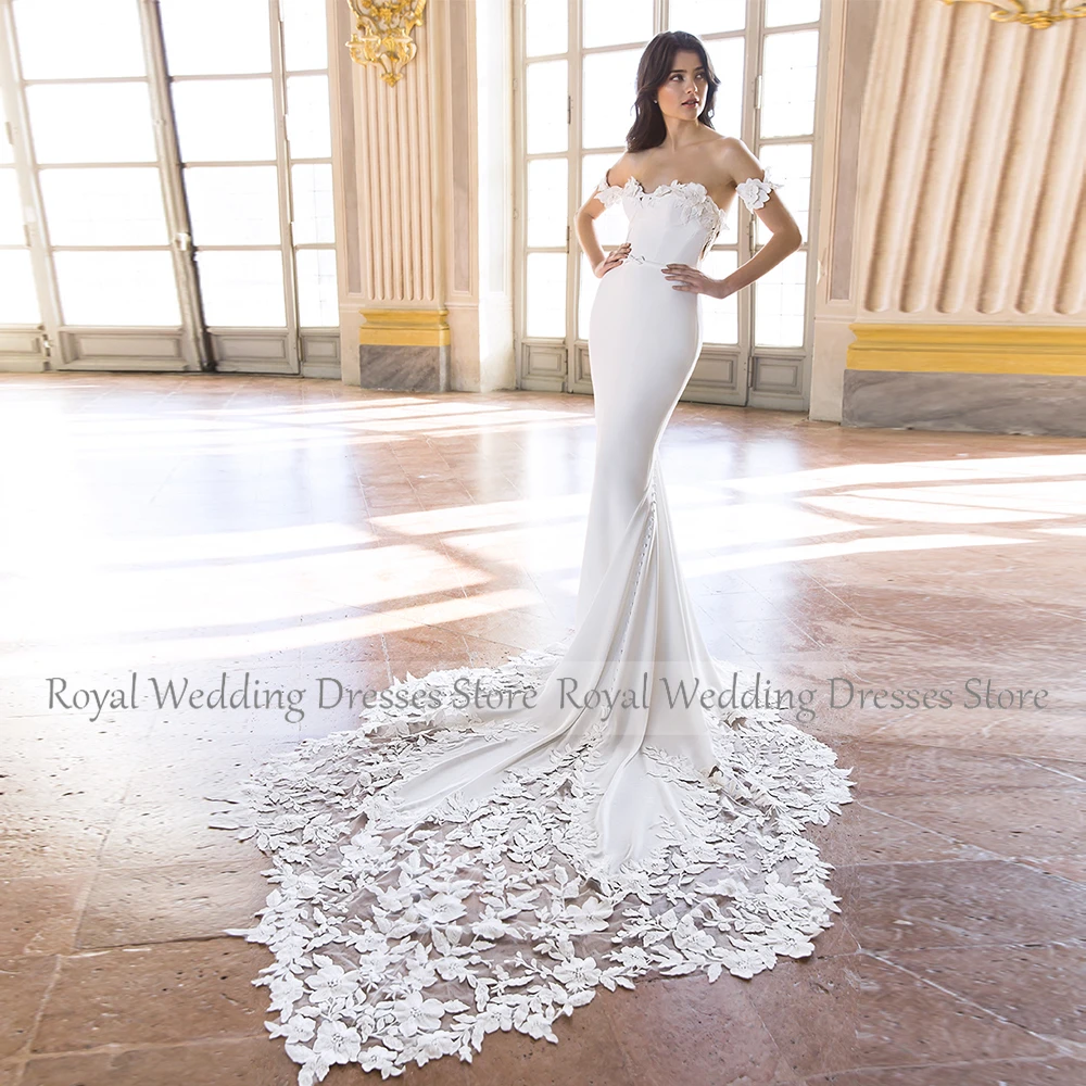 Exquisite Boho Wedding Dresses White Satin Handmade Flower Applique Button Sashes Mermaid Off-the-shoulder Floor Length Dresses