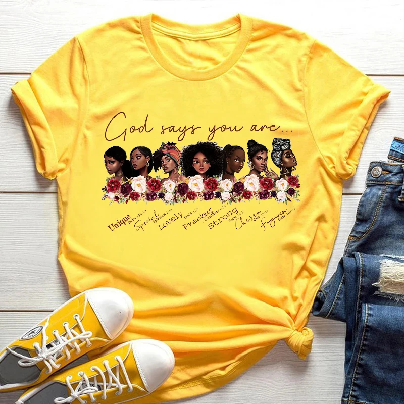 Damskie codzienne koszulki T-shirty letnie nowa moda melanina czarnoowłosie dziewczyny graficzny nadruk żółta koszulka damska z krótkim rękawem z nadrukiem kreskówkowym