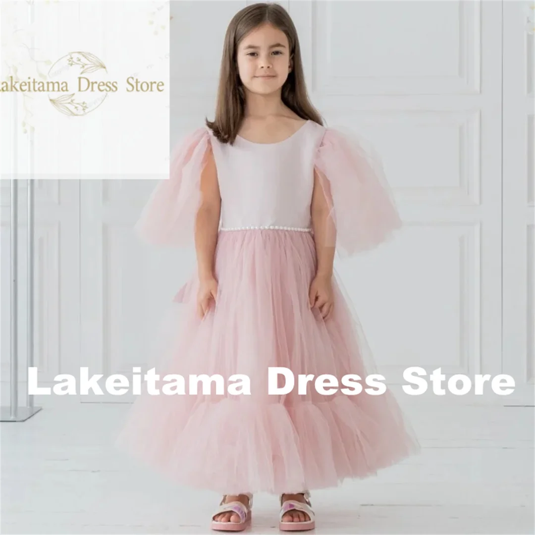 

Платья с цветочным узором для девочек на заказ, розовые пышные платья из тюля с бантом и короткими рукавами для свадьбы, дня рождения, банкета, платья принцессы