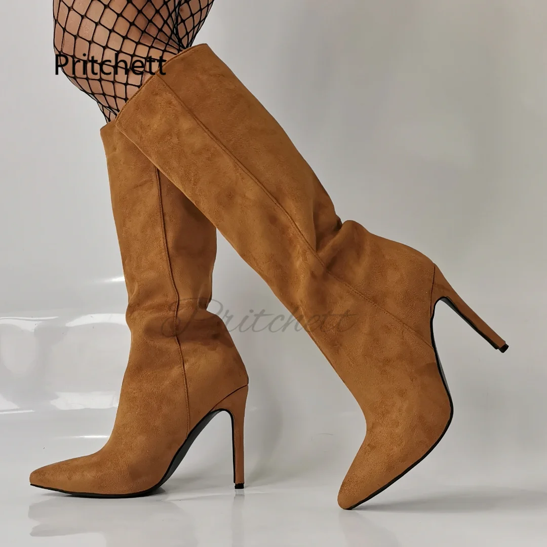

Knee-High Brown Suede Boots Women Pointed Toe Stiletto High Heels Slip On Sexy Fashion Autumn Winter Handmade Party Shoes