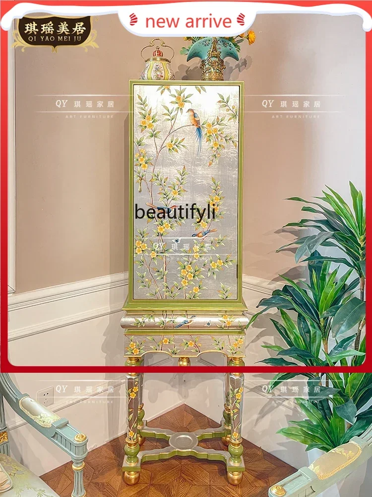 

SS ss7486 French art silver foil hand-painted decorative cabinet European classical solid wood narrow and high single door stora
