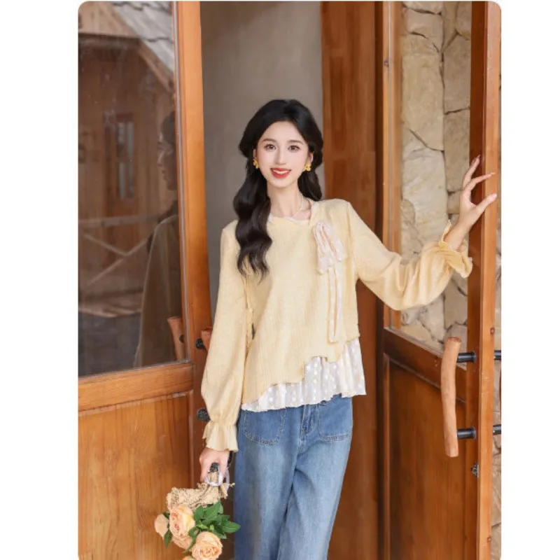 Women Irregular Fake Two Piece Knit Sweater Bow Tie Design Long Sleeve Crew Neck Autumn Casual Pullover Top