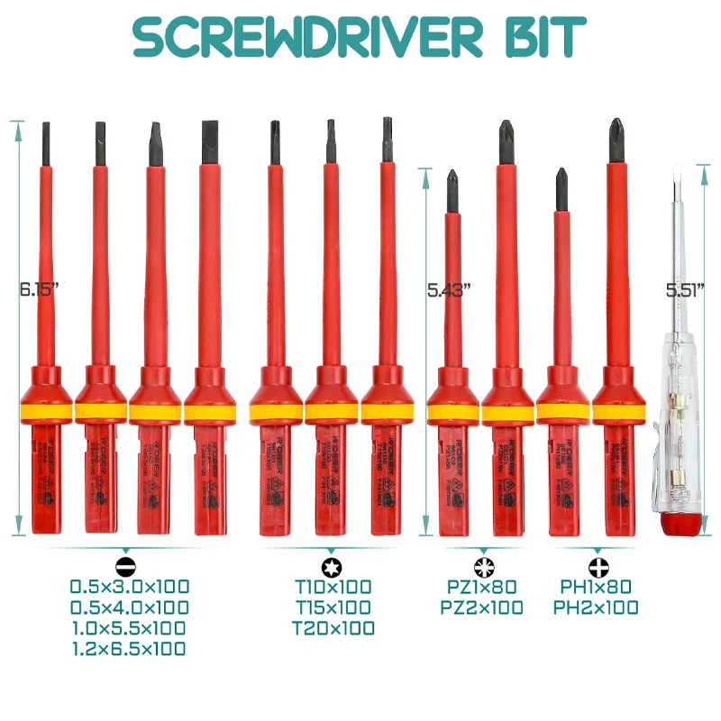 Electrician Repair Tools Kit 1000V Changeable Insulated Screwdrivers Set with Magnetic Slotted Phillips Pozidriv Torx Bits