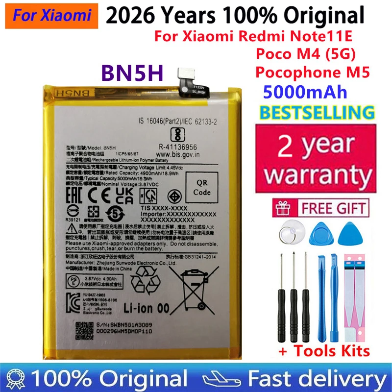 

BN5H Original New Replacement Battery For Xiaomi Redmi Note11E / Pocophone POCO M4 5G / M5 5000mAh Rechargeable Batteries+Tools
