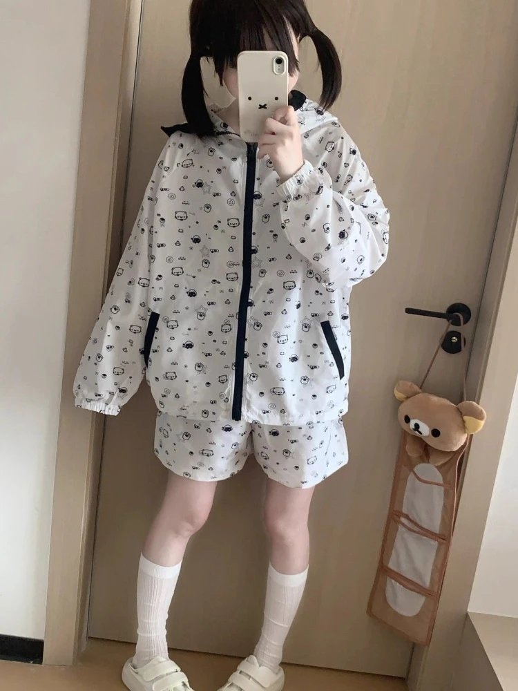 

Y2k Japanese Kawaii Coats Hooded Ear Cartoon Print Zipper Contrast Color Jackets Loose Aesthetics Preppy Style Women's Clothing