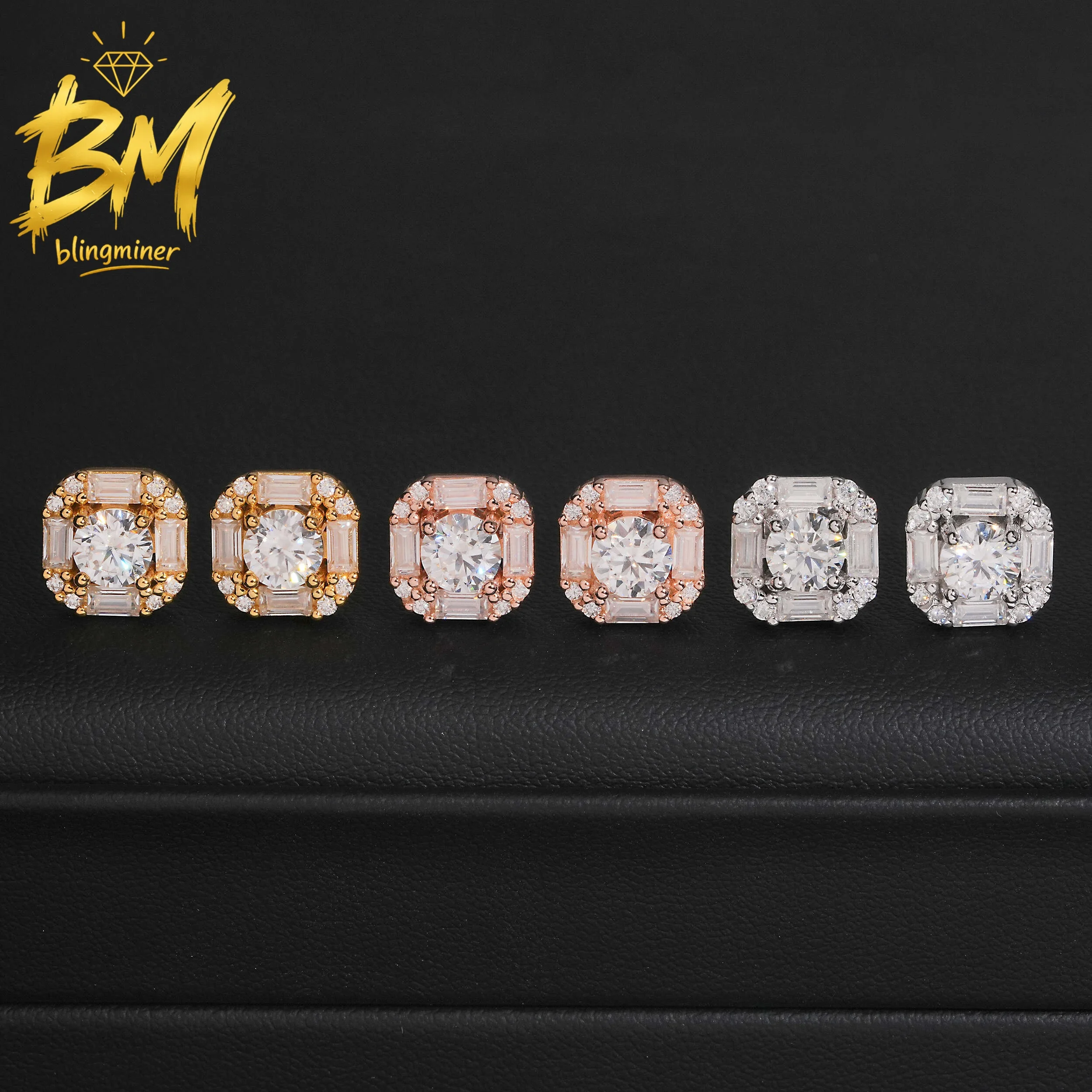 Blingminer 10mm Baguette VVS Moissanite Earrings For Men Women S925 Silver Ear Studs Jewelry Pass Diamonds Tester Free Shipping
